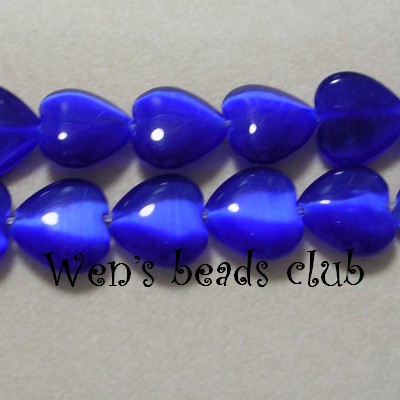 Cat's eye beads, hearts, Sapphire Blue, 12m/m 16".