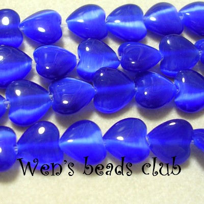 Cat's eye beads, hearts, Sapphire Blue, 8mm. 16".