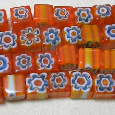 Floral Glass Beads - Cubes 8mm/Strung/TFB098Mb