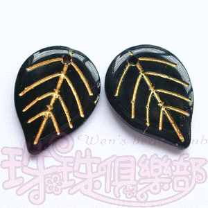 Pressed Glass Beads : Leaves 13.3/17.8mm: Jet - Gold Inlay(5PK)