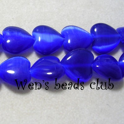Cat's eye beads, hearts, heart, Sapphire Blue, 10m/m 16".