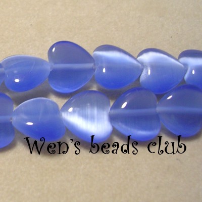 Cat's eye beads, hearts,  Lt. Sapphire Blue, 10m/m 16".