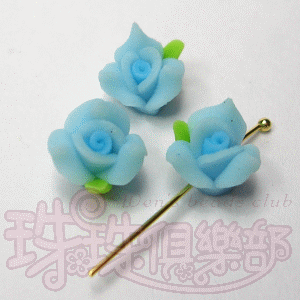 8m軟陶 附葉薔薇花-淺藍深蕊(2朵)