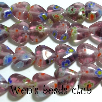 Millefiori Glass Beads - Hearts 8mm/Strung/TFB058Mb08