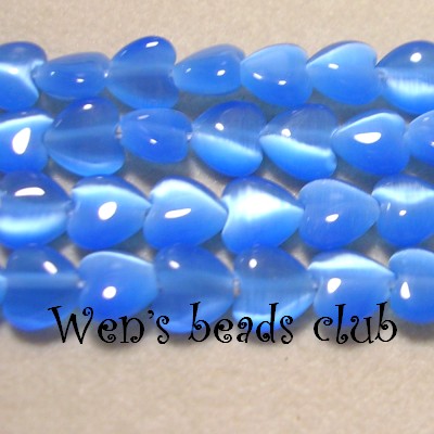 Cat's eye beads, hearts, Dk. Aquamarine, 6mm. 16".