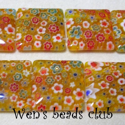 Millefiori Glass Beads - Two Hole Flat Squares 14mm/Strung/TFB2018Mb03